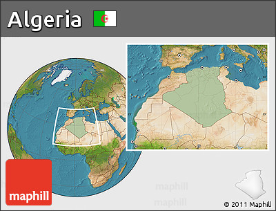 Savanna Style Location Map of Algeria, satellite outside, hill shading