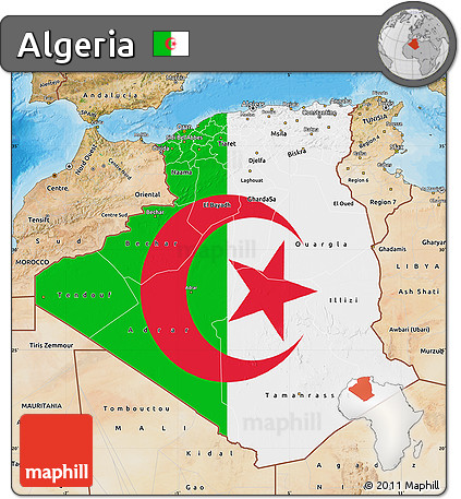 Flag Map of Algeria, satellite outside, bathymetry sea, flag centered