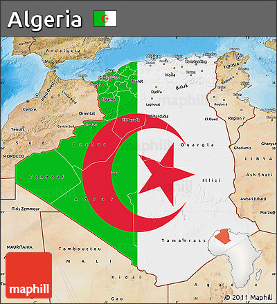 Flag Map of Algeria, satellite outside, bathymetry sea, flag centered