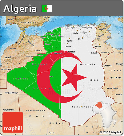 Flag Map of Algeria, satellite outside, bathymetry sea, flag centered