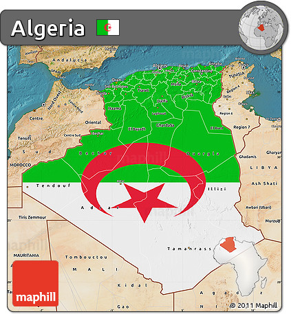 Flag Map of Algeria, satellite outside, flag rotated