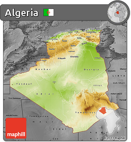 Physical Map of Algeria, darken, desaturated