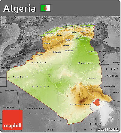 Physical Map of Algeria, darken, desaturated