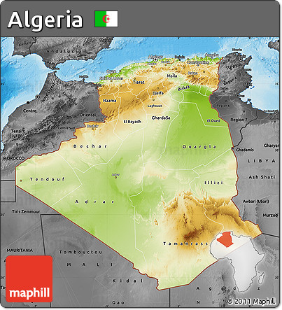 Physical Map of Algeria, darken, desaturated, land only