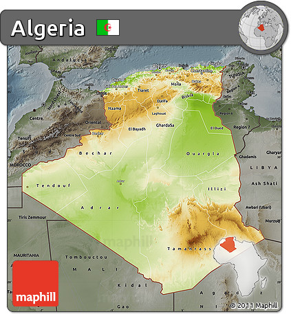 Physical Map of Algeria, darken, semi-desaturated
