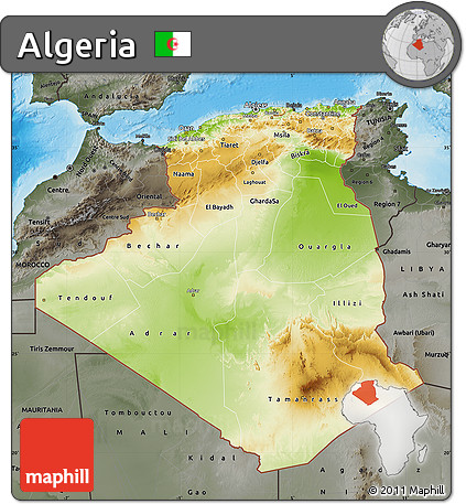 Physical Map of Algeria, darken, semi-desaturated, land only
