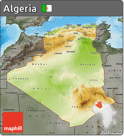 Physical Map of Algeria, darken, semi-desaturated, land only