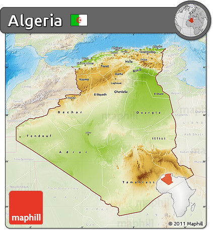 Physical Map of Algeria, lighten, land only
