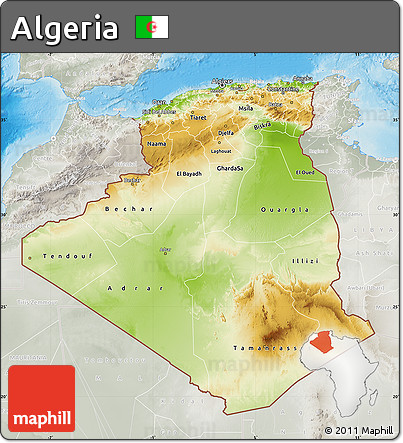 Physical Map of Algeria, lighten, semi-desaturated, land only