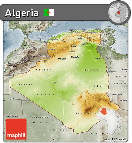Physical Map of Algeria, semi-desaturated