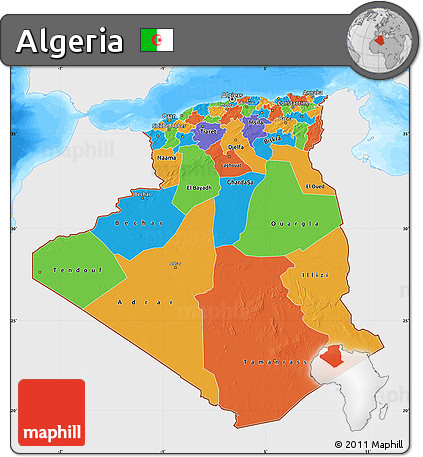 Political Map of Algeria, single color outside, bathymetry sea