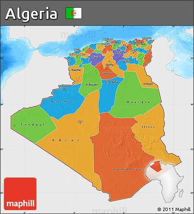 Political Map of Algeria, single color outside, bathymetry sea