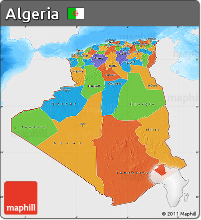 Political Map of Algeria, single color outside, bathymetry sea