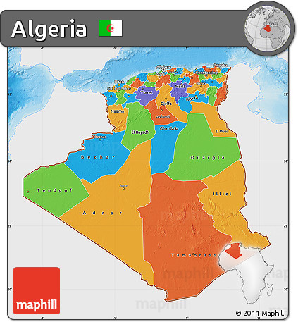 Political Map of Algeria, single color outside, shaded relief sea