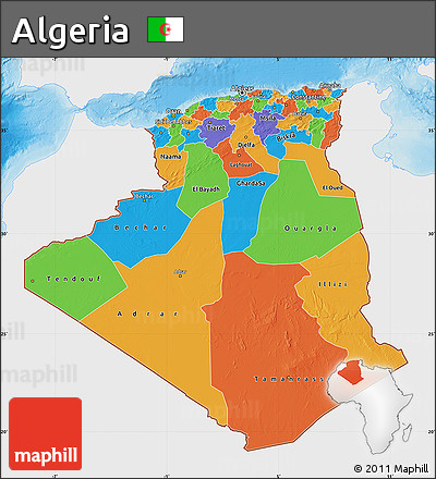 Political Map of Algeria, single color outside, shaded relief sea