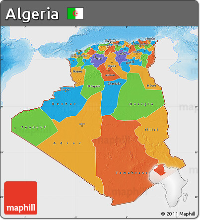 Political Map of Algeria, single color outside, shaded relief sea