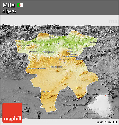 Physical 3D Map of Mila, darken, desaturated