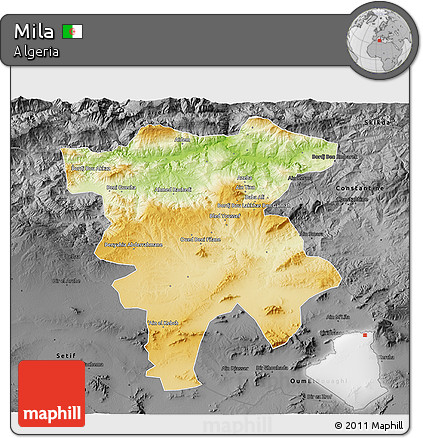 Physical 3D Map of Mila, darken, desaturated