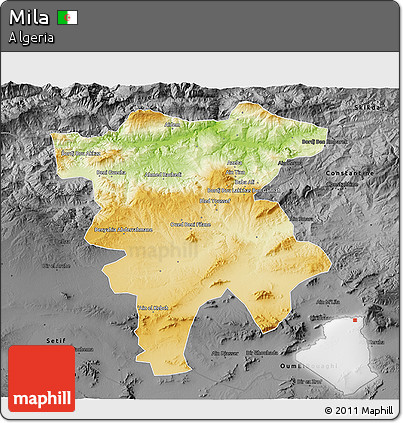 Physical 3D Map of Mila, darken, desaturated