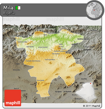Physical 3D Map of Mila, darken, semi-desaturated