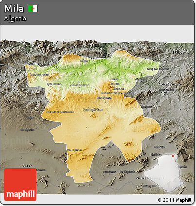 Physical 3D Map of Mila, darken, semi-desaturated