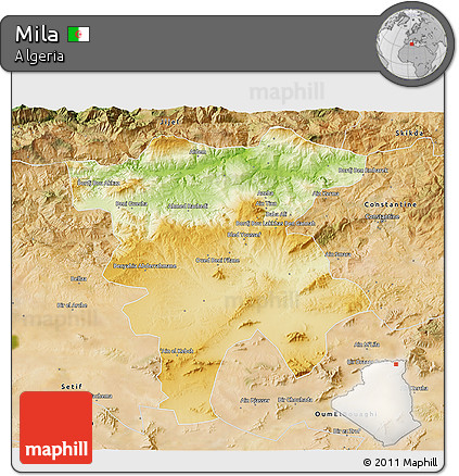Physical 3D Map of Mila, satellite outside