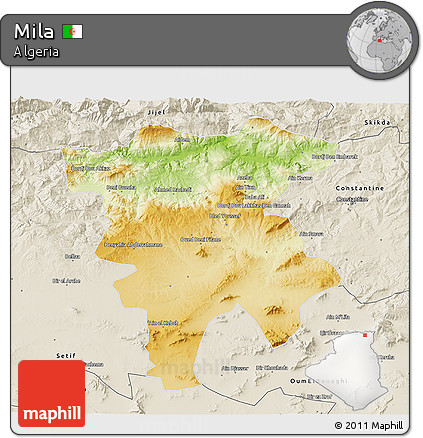 Physical 3D Map of Mila, shaded relief outside