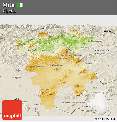Physical 3D Map of Mila, shaded relief outside