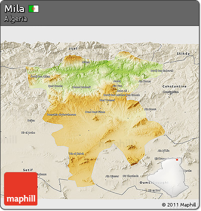 Physical 3D Map of Mila, shaded relief outside