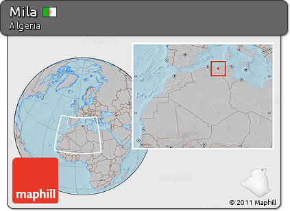 Gray Location Map of Mila, within the entire country, hill shading
