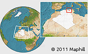 Satellite Location Map of Mila, highlighted country, within the entire country