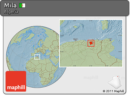 Savanna Style Location Map of Mila, hill shading
