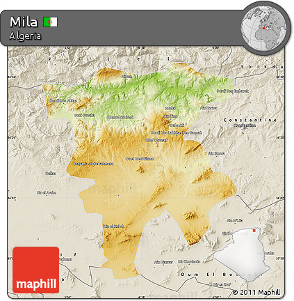 Physical Map of Mila, shaded relief outside
