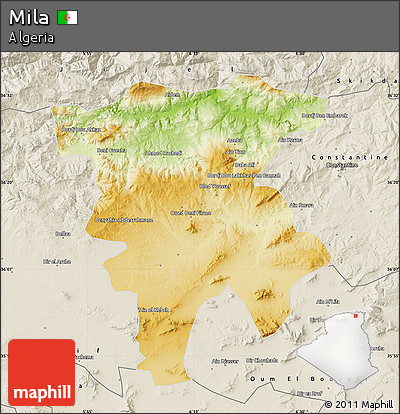 Physical Map of Mila, shaded relief outside