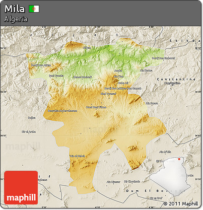 Physical Map of Mila, shaded relief outside