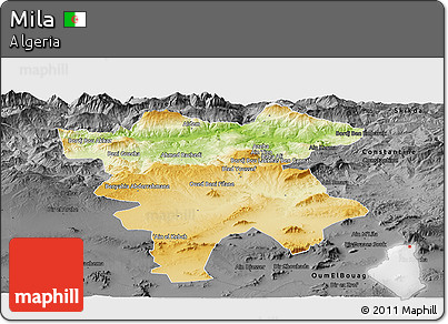 Physical Panoramic Map of Mila, darken, desaturated