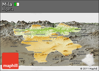 Physical Panoramic Map of Mila, darken, semi-desaturated