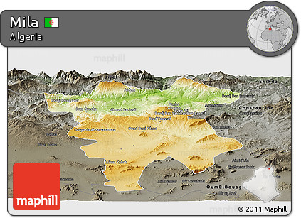 Physical Panoramic Map of Mila, darken, semi-desaturated