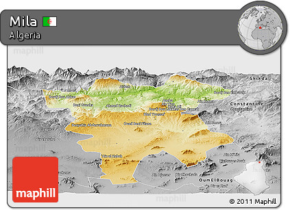 Physical Panoramic Map of Mila, desaturated