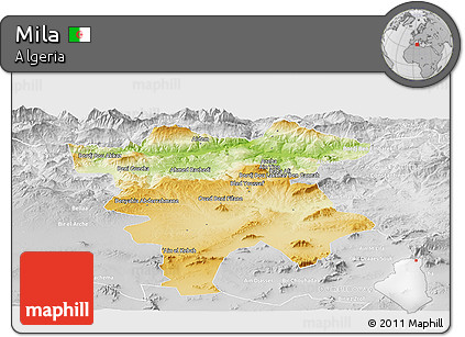 Physical Panoramic Map of Mila, lighten, desaturated