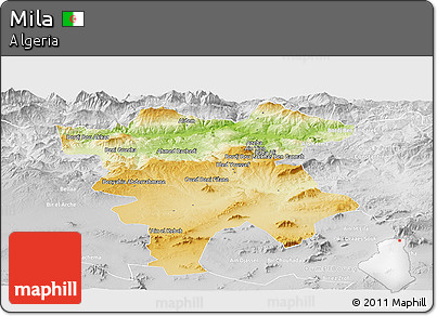 Physical Panoramic Map of Mila, lighten, desaturated