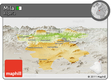 Physical Panoramic Map of Mila, lighten, semi-desaturated