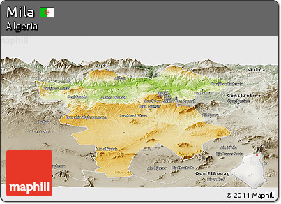 Physical Panoramic Map of Mila, semi-desaturated