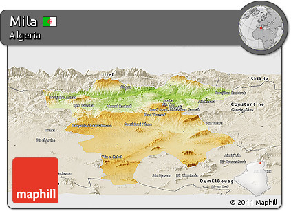 Physical Panoramic Map of Mila, shaded relief outside