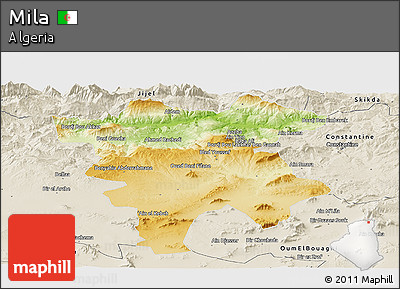 Physical Panoramic Map of Mila, shaded relief outside