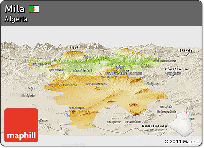 Physical Panoramic Map of Mila, shaded relief outside