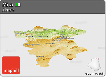 Physical Panoramic Map of Mila, single color outside