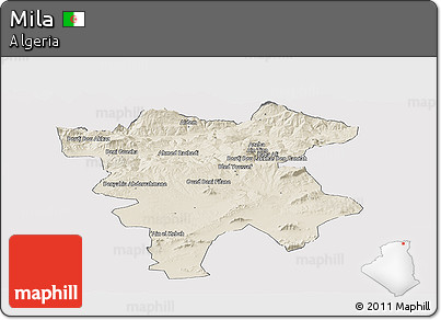 Shaded Relief Panoramic Map of Mila, cropped outside