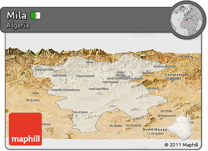 Shaded Relief Panoramic Map of Mila, satellite outside
