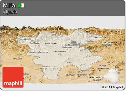 Shaded Relief Panoramic Map of Mila, satellite outside